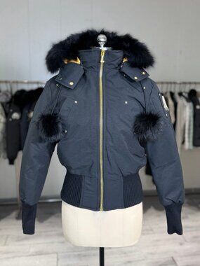 **Moose Knuckles Black Fur Trim Bomber Down Jacket**